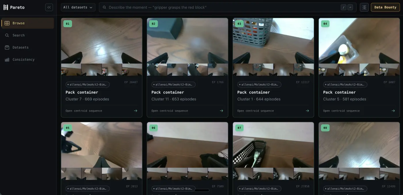 Pareto search interface showing clustered robotics demonstrations