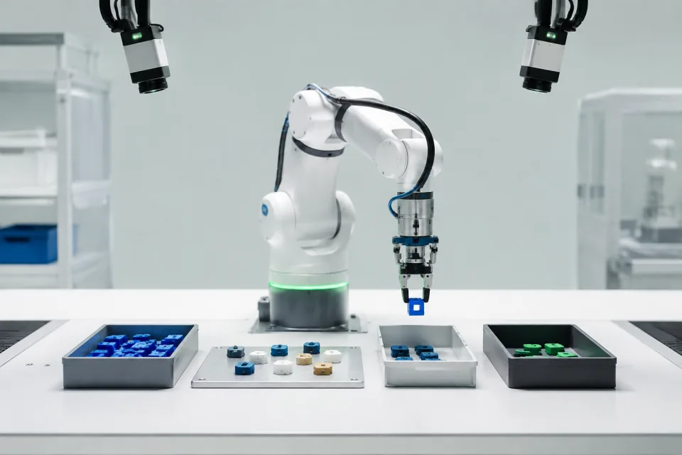 Autonomous robot arm sorting objects beneath fixed perception cameras without a human operator