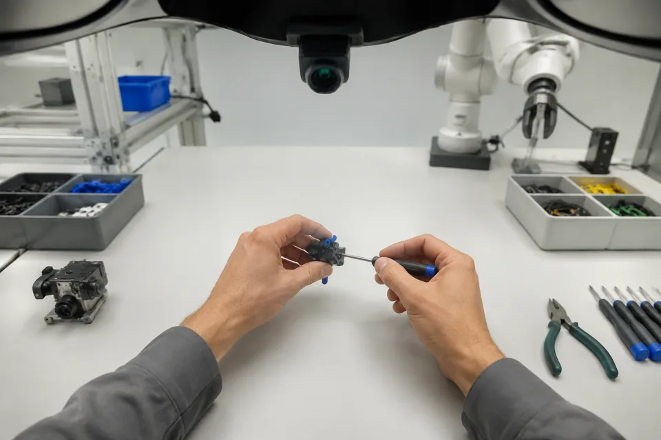First-person view from a wearable camera as a person manipulates a component at a robotics workbench