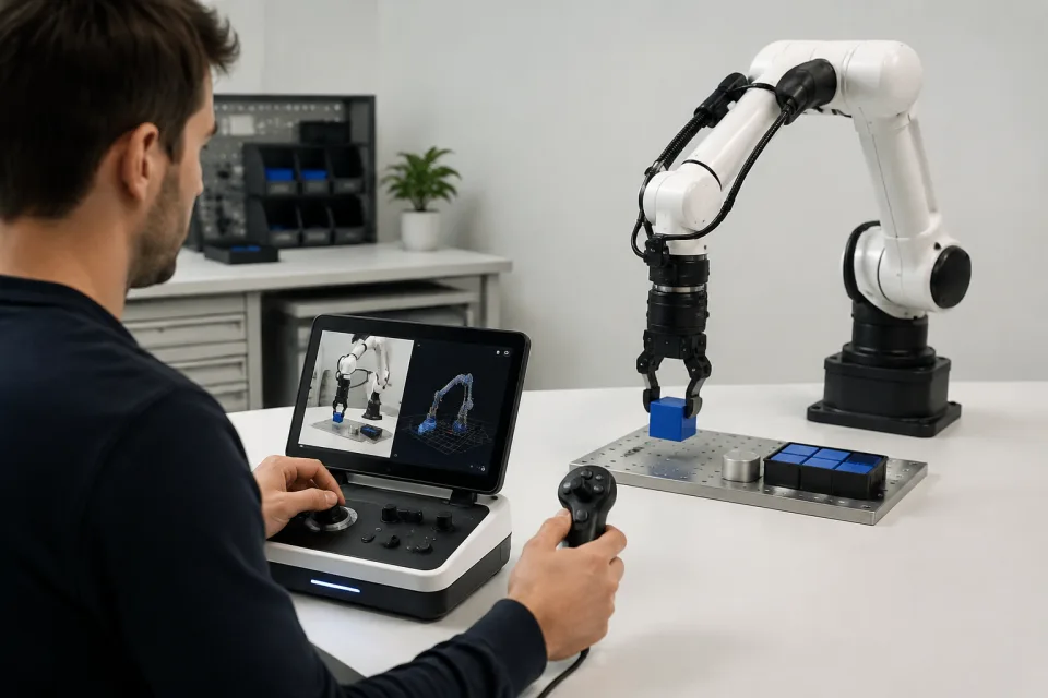 Operator using a control console and hand controller to teleoperate a tabletop robot arm