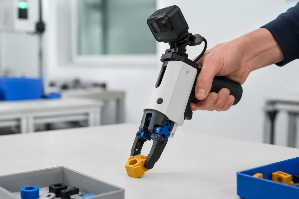 Handheld UMI-style gripper with an action camera picking up an object on a workbench